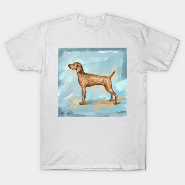 Painting of a Cute Weimaraner Standing and Looking to the Left. Blue Background T-Shirt by ibadishi